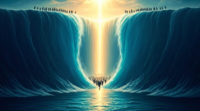 Representação dramática do Mar Vermelho se abrindo em duas muralhas de água com o povo de Israel atravessando em terra seca