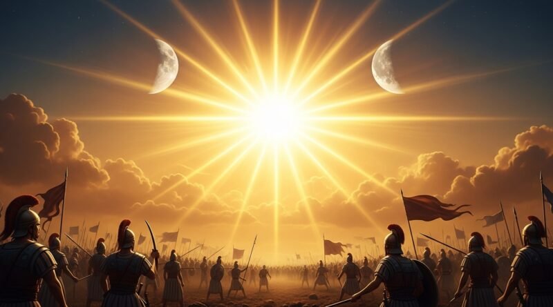 Representação do sol e da lua parados no céu durante a batalha de Josué em Gibeom