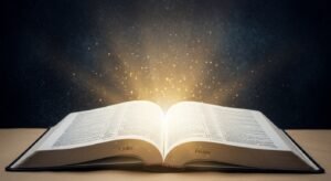 Bíblia aberta com luz divina representando o perdão de Deus para quem confessa seus pecados e teme ter perdido a salvação por um pecado