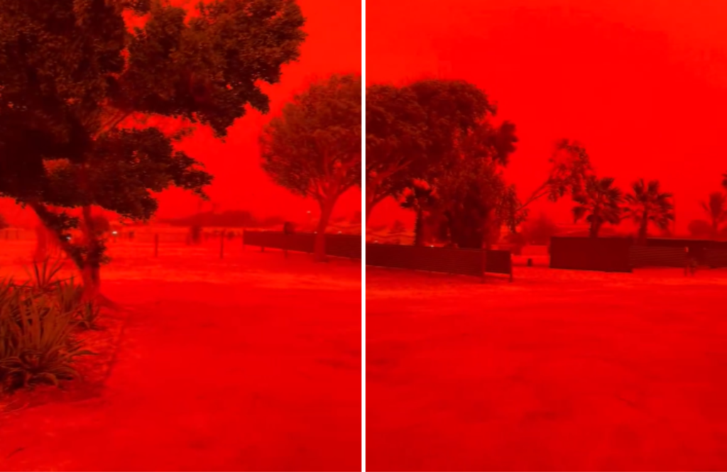 Céu vermelho-sangue intenso