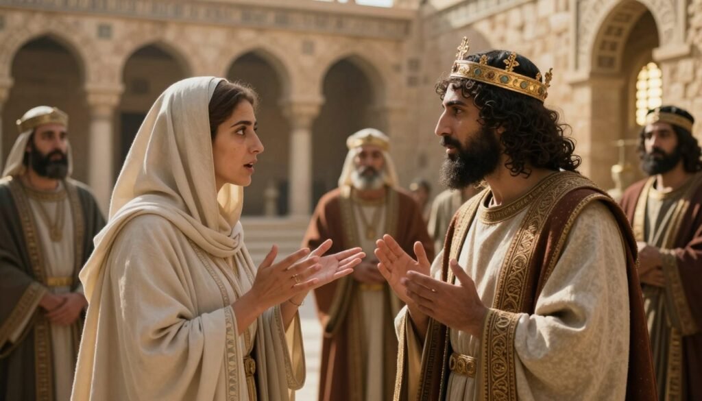Hulda e o rei Josias discutindo a mensagem de Deus Hulda e o rei Josias discutindo a mensagem de Deus
