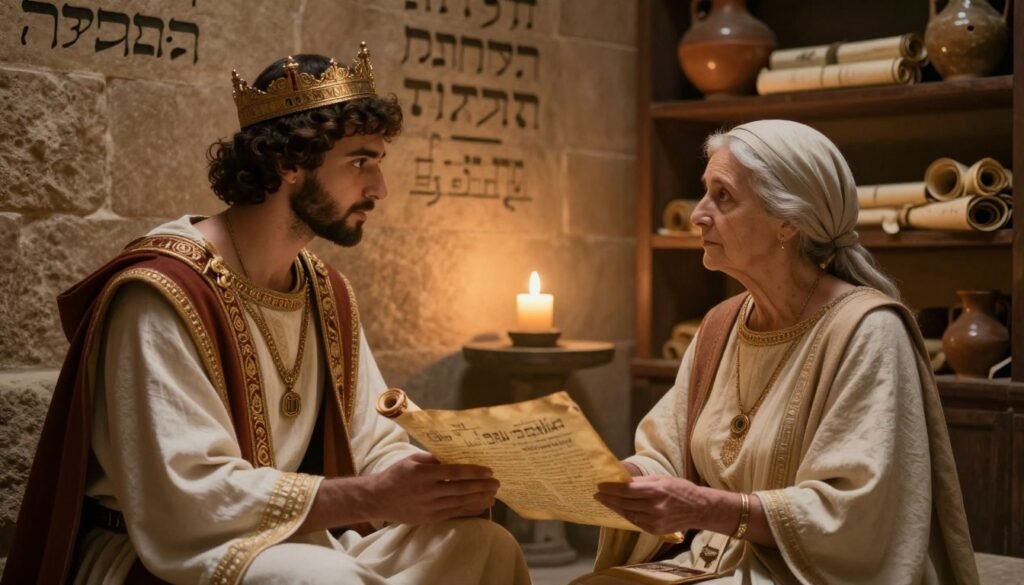 Rei Josias consultando a profetisa Hulda sobre o Livro da Lei