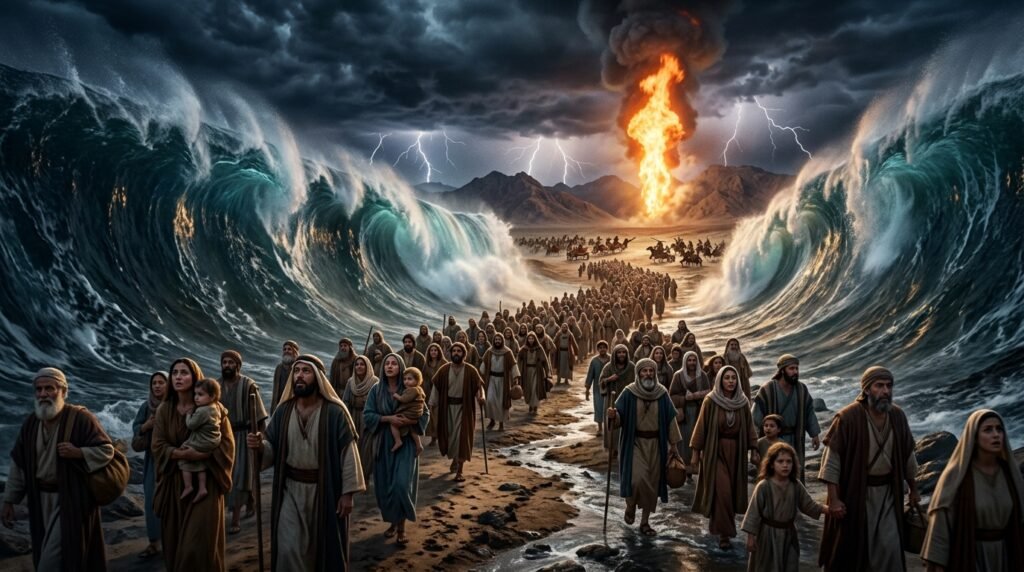 O grande milagre da travessia do povo de Israel em terra seca no Mar Vermelho no Estudo de Êxodo 14.jpg